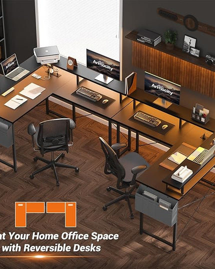 armocity L Shaped Computer Desk with Power Outlets, Gaming Desk L Shaped with LED Lights, Corner Desk with Storage Shelves, Work Study Desk for Bedroom, Home Office Small Spaces, 47'', Black - LeafyLoom