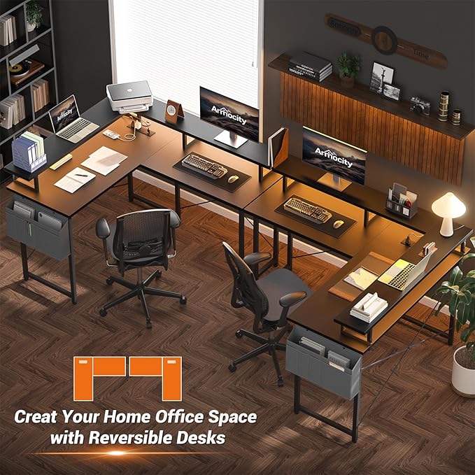 armocity L Shaped Computer Desk with Power Outlets, Gaming Desk L Shaped with LED Lights, Corner Desk with Storage Shelves, Work Study Desk for Bedroom, Home Office Small Spaces, 47'', Grey Oak - LeafyLoom