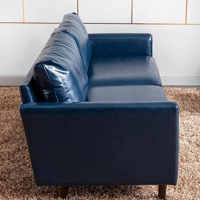 Dreamsir 80'' Faux Leather Sofa Couch, Mid-Century Modern Sofa with Solid Wooden Frame & Padded Cushions, 3-Seater Couch for Living Room, Apartment, Lounge Room (Blue) - LeafyLoom