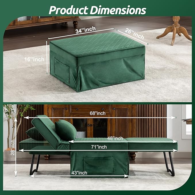 Sofa Bed, 4 in 1 Multi-Function Folding Ottoman Breathable Velvet Couch Bed with Adjustable Backrest Modern Convertible Chair for Living Room Apartment Office,Squared-Green - LeafyLoom