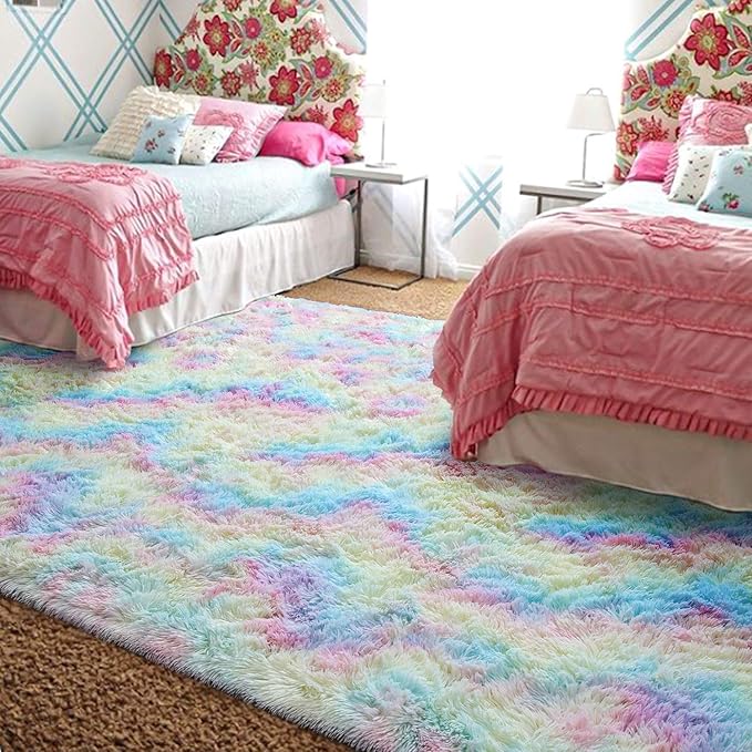 AROGAN Soft Rainbow Area Rugs for Girls Room 4x6 Feet, Fluffy Girls Bedroom Rugs, Princess Rug, Cute Colorful Carpet for Kids Teens Nursery Toddler, Pink - LeafyLoom