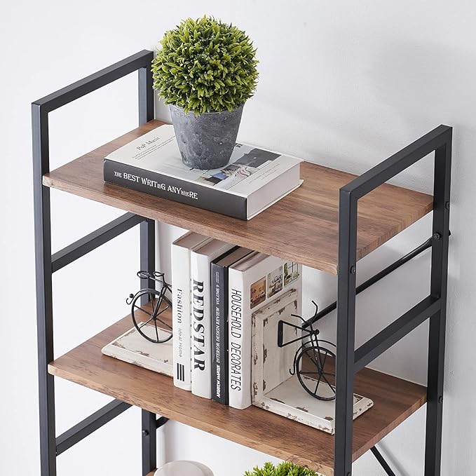 Industrial 4 Tier Bookshelf, Wood Etagere Bookshelves and Bookcase with Metal Frame, Rustic Standing Unit Shelf Display Rack for Living Room/Home Office, Vintage Brown - LeafyLoom