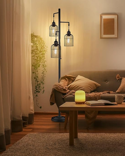 QiMH Industrial Floor Lamp for Living Room,LED Farmhouse Standing Lamp with 3 Birdcage Hanging Shade, Dimmable Tall Lamp Rustic Home Decor for Bedroom Office, Black (Bulbs Included) - LeafyLoom