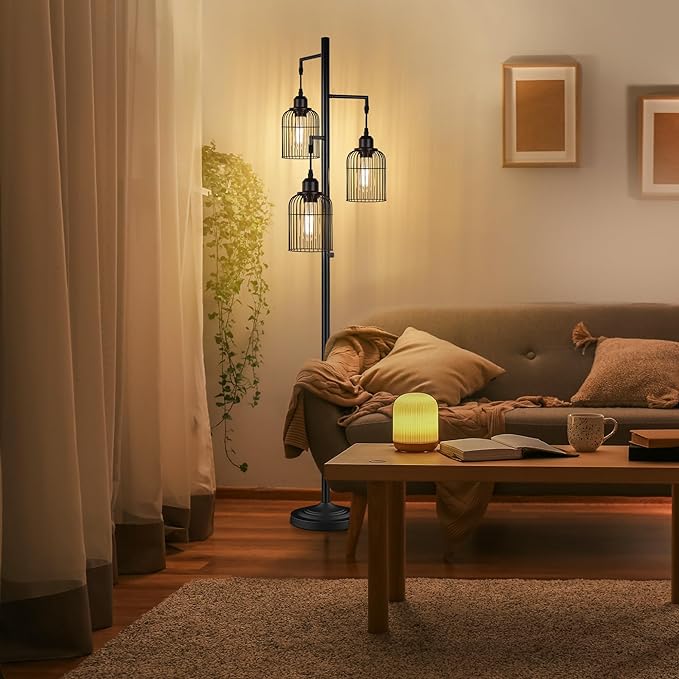 QiMH Industrial Floor Lamp for Living Room,LED Farmhouse Standing Lamp with 3 Birdcage Hanging Shade, Dimmable Tall Lamp Rustic Home Decor for Bedroom Office, Black (Bulbs Included) - LeafyLoom