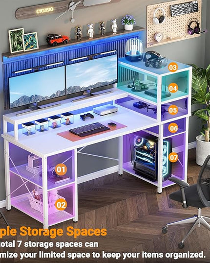 Cyclysio 55 inch Gaming Desk with LED Light, Adjustable Computer Desk with Storage Shelves, Home Office Desk with Power Outlets, Computer Gaming Desk with Long Monitor Stand for Small Space, White - LeafyLoom