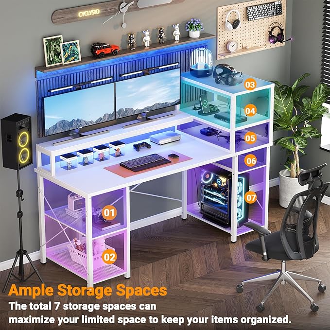 Cyclysio 55 inch Gaming Desk with LED Light, Adjustable Computer Desk with Storage Shelves, Home Office Desk with Power Outlets, Computer Gaming Desk with Long Monitor Stand for Small Space, White - LeafyLoom