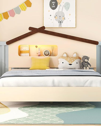 Bellemave Full Size Platform Bed with House-Shaped Headboard and Motion Activated Night Lights,Wood Full Kids Bed Frame for Teens, Girls,Boys(Full,Cream) - LeafyLoom