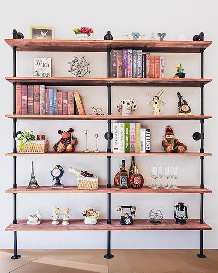 Industrial Ladder Shelf Bookcase, Wall Mounted Rustic Bookshelf, Retro Wood Metal Pipe Industrial Shelves for Living Room(Weathered Brown, 6 Tier - 10" D x 70" W x 82.5" H) - LeafyLoom