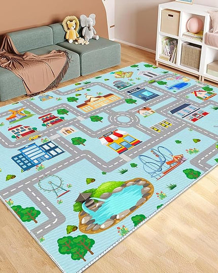 Kids Car Rug, 5x7 City Life Traffic Road Playmat for Toy Cars Trains, Non-Slip Race Track Carpet Educational Fun Area Rugs for Boy and Girl Bedroom Nursery - LeafyLoom