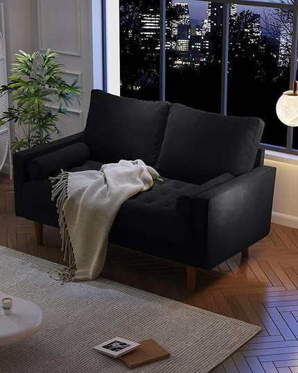 Velvet Furniture for Small Spaces, Mid-Century Modern Loveseats for Living Room, Love Seat Couch Sofas, 58 Inches, Black - LeafyLoom