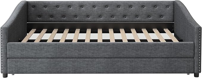 Full Size Daybed with Trundle, Linen Upholstered Tufted Sofa Day Bed Frame with Button, Waved Shape Arms & Nailhead, Wooden Slats Support for Apartment,Bedroom, Dark Grey-1 - LeafyLoom