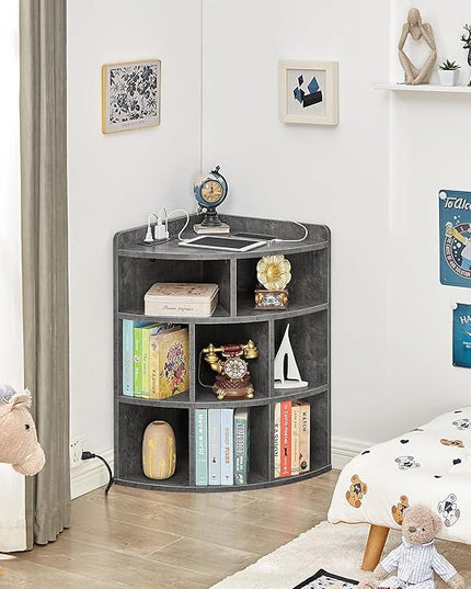 Vecelo Corner Cabinet with Charging Station, 3-Tier Cube Storage Organizer with USB Ports and Outlets, Triangle Bookcases with 8 Cubbies for Playroom, Bedroom, Living Room, Grey - LeafyLoom