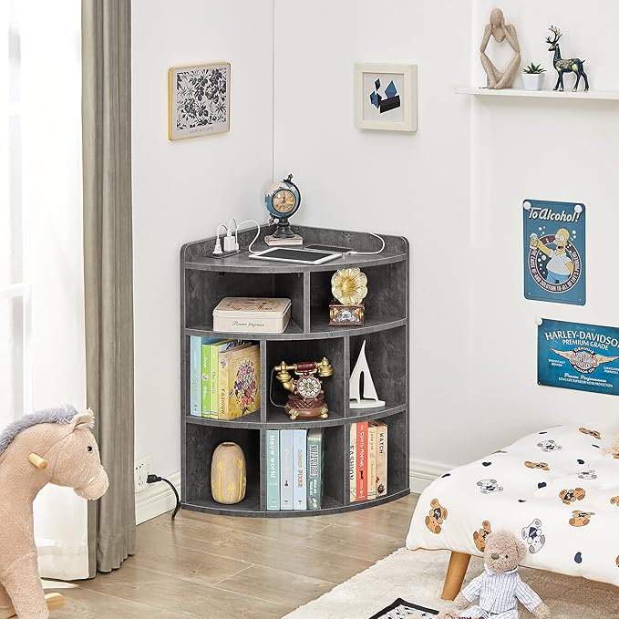 Vecelo Corner Cabinet with Charging Station, 3-Tier Cube Storage Organizer with USB Ports and Outlets, Triangle Bookcases with 8 Cubbies for Playroom, Bedroom, Living Room, Grey - LeafyLoom