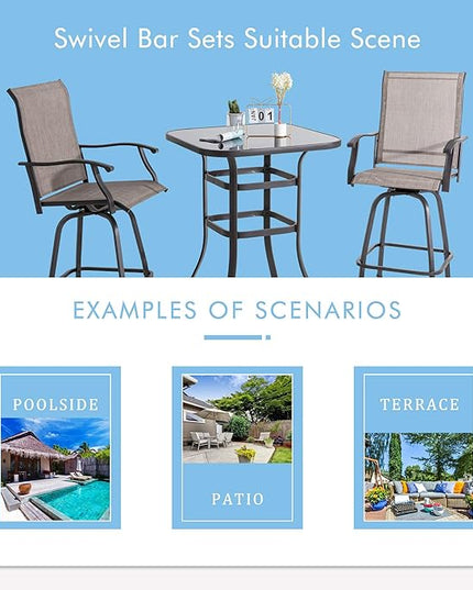 Shintenchi Patio Swivel Bar Set, All Weather Textile Fabric Outdoor High Stool Bistro Set with 2 Bar Chairs and Glass Table for Home, Backyard, Garden, Lawn, Porch (Brown), 3 Pieces - LeafyLoom