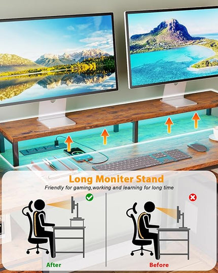Furologee 61" Computer Desk with Power Outlet and USB Ports, Large Desk with Shelves and Drawer, Writing Study Desk with Fabric File Cabinet and Long Monitor Stand, Gaming Desk for Home Office - LeafyLoom