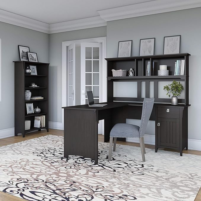 Bush Furniture Salinas 60W L Shaped Desk with Hutch and 5 Shelf Bookcase in Vintage Black - LeafyLoom