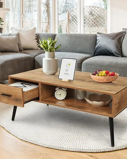 HAIOOU Coffee Table, Mid Century Modern Style Cocktail Table TV Stand with Drawer, Open Storage Shelf, Stable Floor-Anti-Scratching Pine Leg for Home, Office, Living Room - LeafyLoom