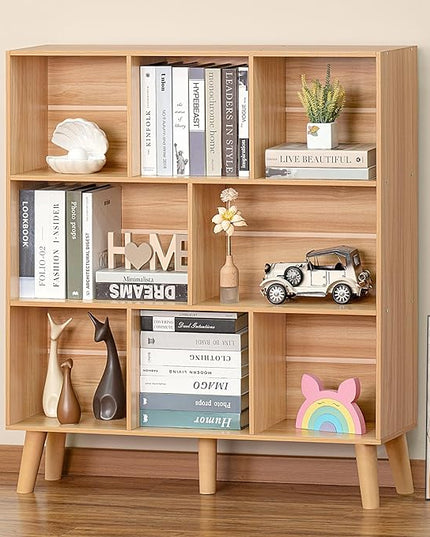 LEYAOYAO Wooden 8 Cube Book Shelf, Natural 3 Tier Bookshelf with Legs, Modern Open Storage Organizer,Boho Bookcase,Display Cabinet Shelf Free Standing Bookshelves for Bedroom,Living Room,Office - LeafyLoom