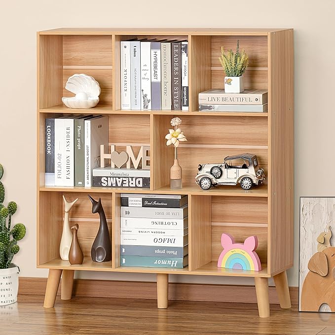 LEYAOYAO Wooden 8 Cube Book Shelf, Natural 3 Tier Bookshelf with Legs, Modern Open Storage Organizer,Boho Bookcase,Display Cabinet Shelf Free Standing Bookshelves for Bedroom,Living Room,Office - LeafyLoom