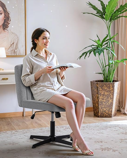 Criss Cross Legged Chair, Armless Swivel Wide Padded Height Adjustable Fabric Home Office, Light Grey - LeafyLoom