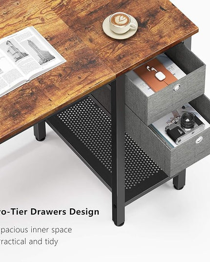 BANTI L-Shaped Computer Desk, Home Office Corner Desk with Non-Woven Drawer, Sturdy Writing Table, Space-Saving,Brown - LeafyLoom