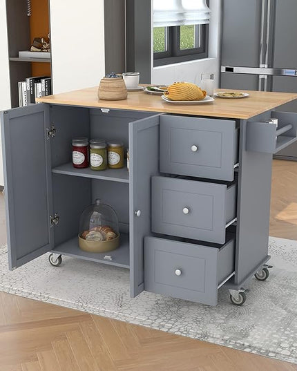 53" W Mobile Kitchen Island with Drop Leaf, Locking Wheels and Solid Wood Tabletop, Kitchen-cart w/Storage Cabinet &3 Drawers, for Dining Room, Coffee Bar Service - LeafyLoom