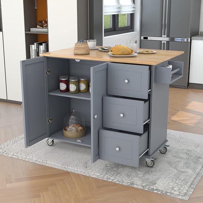 53" W Mobile Kitchen Island with Drop Leaf, Locking Wheels and Solid Wood Tabletop, Kitchen-cart w/Storage Cabinet &3 Drawers, for Dining Room, Coffee Bar Service - LeafyLoom