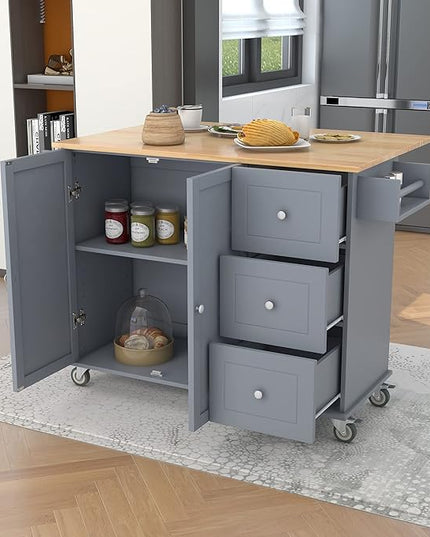52.7 Cart with Wood Top and Drop Leaf Breakfast Bar, Rolling Mobile Island Towel Rack,Large Storage Cabinet Kitchen Table for Dinning Room, Grey, 52.76 Inch - LeafyLoom