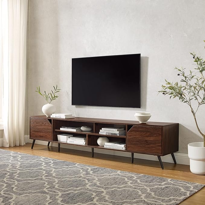 Walker Edison Nora Modern Minimal Open-Shelf Stand for TVs up to 90 Inches, 80 Inch, Dark Walnut - LeafyLoom