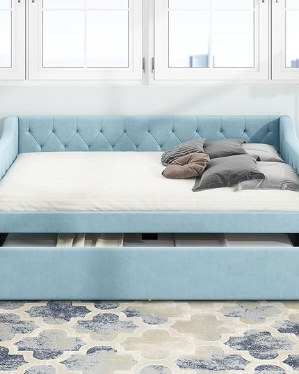 Full Size Velvet Upholstered Tufted Daybed with Twin-Size Trundle,Modern Wood Bed Frame w/Armrests,Slat Support,No Box Spring Needed,Daybeds for Apartment,Bedroom,Guest Room,Blue - LeafyLoom