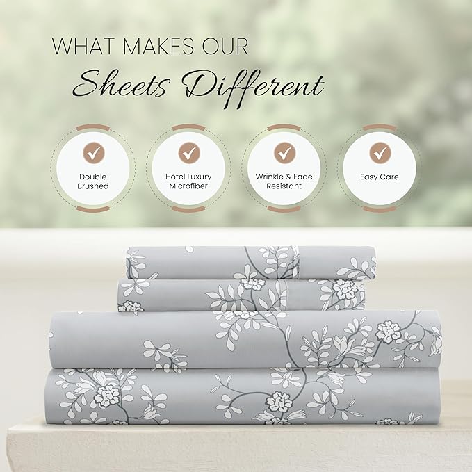 Linen Market 4 Piece King Bedding Sheet Set (Light Gray Vine) - Sleep Better Than Ever with These Ultra-Soft & Cooling Bed Sheets for Your King Size Bed - Deep Pocket Fits 16" Mattress - LeafyLoom