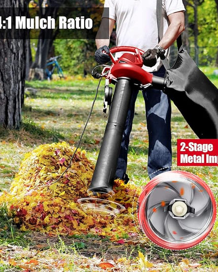 LawnMaster Red Edition BV1210 1201 Electric Blower Vacuum Mulcher 12 Amp 2-Speed Adjustment with Metal Impeller 240 MPH 380 CFM 14:1 Mulch Ratio - LeafyLoom