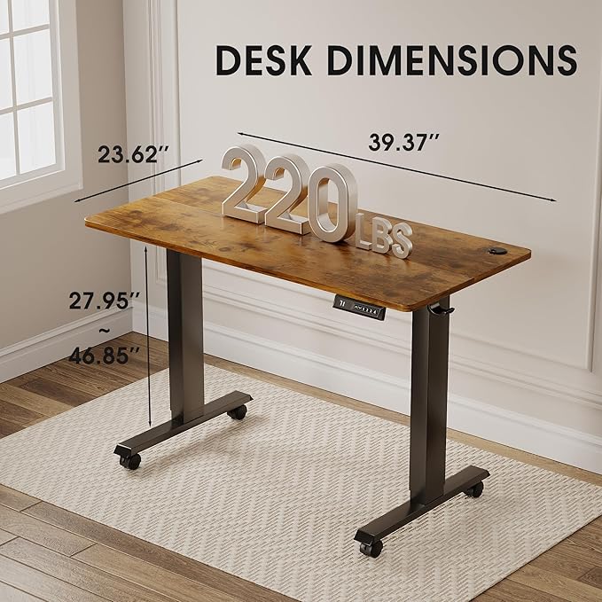 Electric Standing Desk 40 Inch, Ergonomic Height Adjustable Table with T-Shaped Metal Bracket Modern Computer Workstations for Home Office, Rustic Brown - LeafyLoom