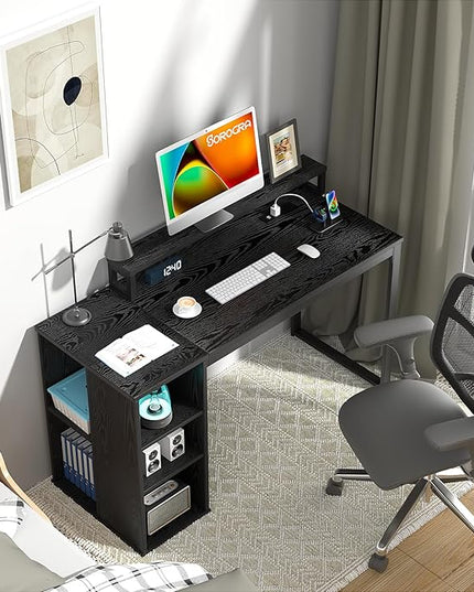 Computer Desk with LED Lights and Power Outlets 47 inch Gaming Desk with Storage Shelves, Small Home Office Desk with Monitor Stand for Bedroom,Workstation, Black - LeafyLoom