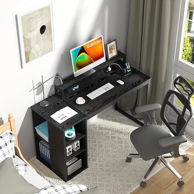 Computer Desk with LED Lights and Power Outlets 47 inch Gaming Desk with Storage Shelves, Small Home Office Desk with Monitor Stand for Bedroom,Workstation, Black - LeafyLoom