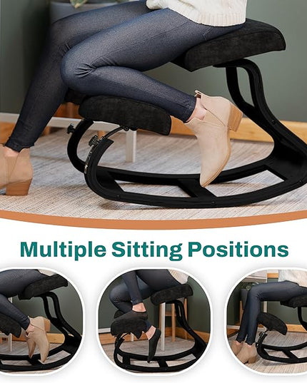 Ergonomic Kneeling Chair - A Rocking Knee Chair and Wooden Desk Chair designed for Home Office comfort and Posture support, Offering Back Pain Relief - Total Black Velvet - LeafyLoom