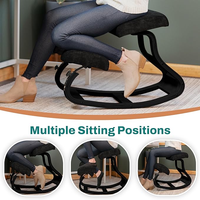 Ergonomic Kneeling Chair - A Rocking Knee Chair and Wooden Desk Chair designed for Home Office comfort and Posture support, Offering Back Pain Relief - Total Black Velvet - LeafyLoom