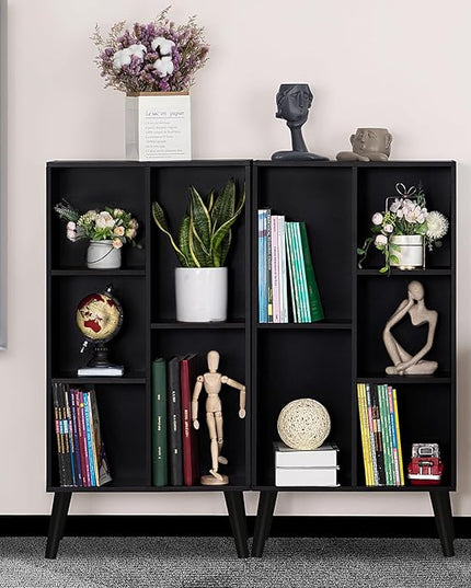 YAHARBO Small Black Narrow Bookshelf,3 Tier Modern Bookcase with Legs,Bookshelves Wood Storage Shelf,Rustic Book Shelves Cube Organizer,Display Bookcase - LeafyLoom