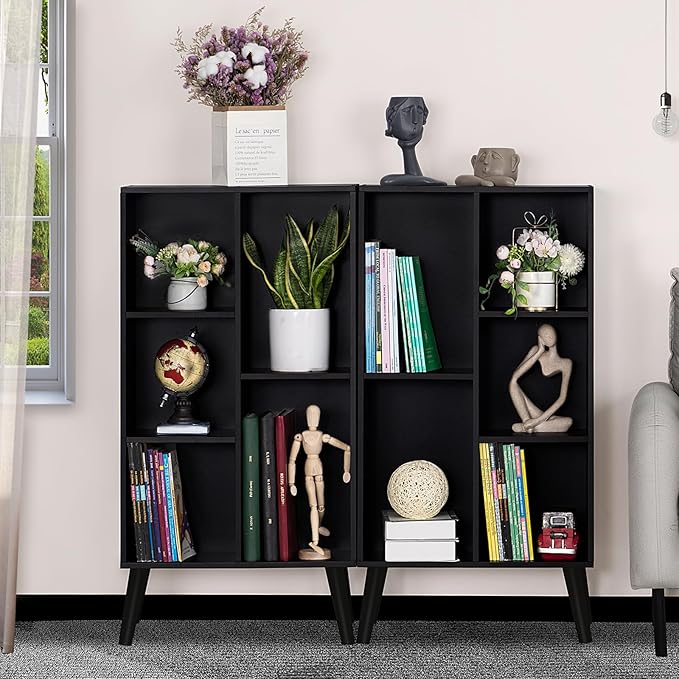 YAHARBO Small Black Narrow Bookshelf,3 Tier Modern Bookcase with Legs,Bookshelves Wood Storage Shelf,Rustic Book Shelves Cube Organizer,Display Bookcase - LeafyLoom