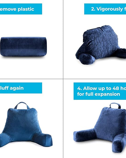 LINENSPA Reading Pillow with Shredded Memory Foam- Back Pillow for Sitting in Bed, Reading, Gaming, Watching TV – Bed Chair Pillow with Arms, Dorm Room Essentials, Navy - LeafyLoom