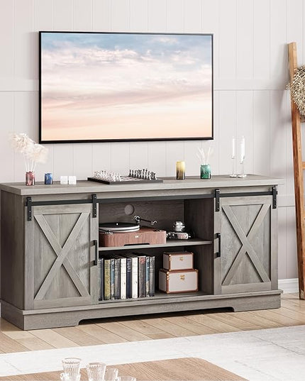 IDEALHOUSE Grey Farmhouse Cabinet, 65 Inch TV Stand with Storage, Barn Doors and Shelves, Modern TV Console Table Furniture for Living Bedroom - LeafyLoom