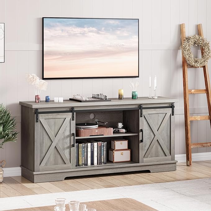 IDEALHOUSE Grey Farmhouse Cabinet, 65 Inch TV Stand with Storage, Barn Doors and Shelves, Modern TV Console Table Furniture for Living Bedroom - LeafyLoom