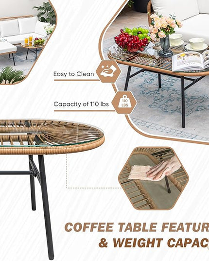 Greesum Outdoor Rope Woven Patio Furniture L-Shaped Conversation Sectional Sofa Set Detachable Lounger for Backyard Porch with Thick Cushions & Long Table, White - LeafyLoom