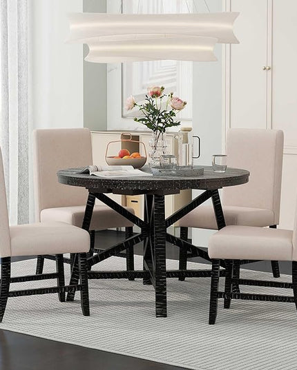 Merax 5-Piece Retro Functional Dining Set with Extendable Kitchen 16" Removable Middle Leaf Including 4 Upholstered Backrest Cusioned, Living Room, Apartment, 58" Extenable Round Table+4 Chairs, Black - LeafyLoom