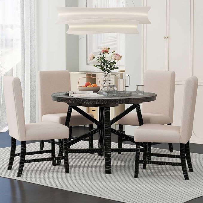 Merax 5-Piece Retro Functional Dining Set with Extendable Kitchen 16" Removable Middle Leaf Including 4 Upholstered Backrest Cusioned, Living Room, Apartment, 58" Extenable Round Table+4 Chairs, Black - LeafyLoom