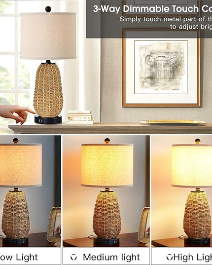 Touch Control Rattan Table Lamps, 3 Way Dimmable Bedside Lamps for Bedroom Set of 2 with 2 USB Ports and AC Outlet, Grass Rope Nightstand Lamps for Living Room Office (2 LED Bulbs Included) - LeafyLoom