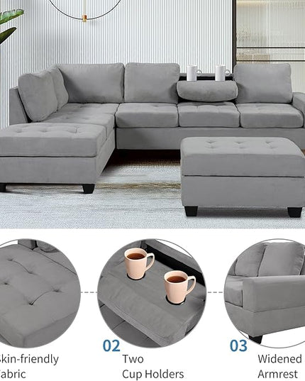 112" Modern L-Shape Sectional Sofa with Reversible Chaise &Storage Ottoman, Velvet Upholstered Couch w/Cup Holder, for Living Room, Apartment, 112 Inch, Dark Gray - LeafyLoom