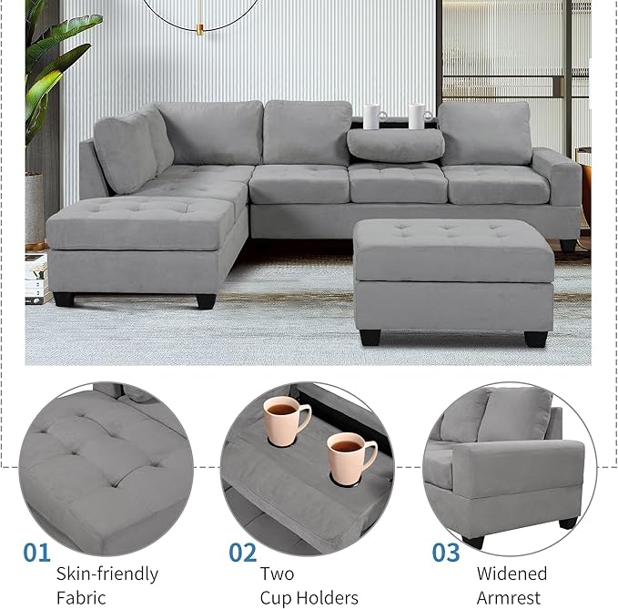 112" Modern L-Shape Sectional Sofa with Reversible Chaise &Storage Ottoman, Velvet Upholstered Couch w/Cup Holder, for Living Room, Apartment, 112 Inch, Dark Gray - LeafyLoom