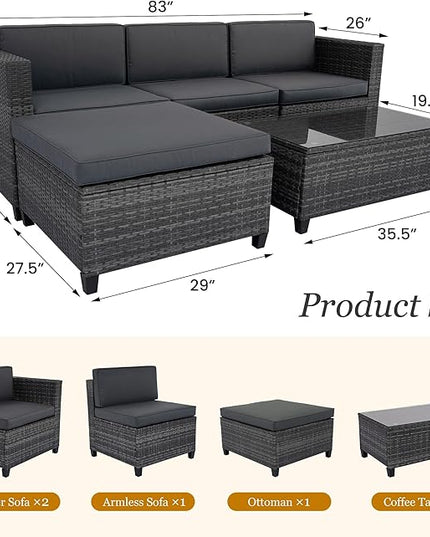 5 Piece Outdoor Patio Sectional Furniture Set, Weather Resistant Rattan Outside Couch, Waterproof Conversation Sofa for Balcony, Porch, Backyard, Deck, Garden, Grey - LeafyLoom