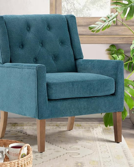 COLAMY Mid-Century Accent Chairs, Modern Wingback Living Room Chair, Upholstered Armchair with Button Tufted Back and Wood Legs for Bedroom/Office/Reading Spaces, Teal - LeafyLoom